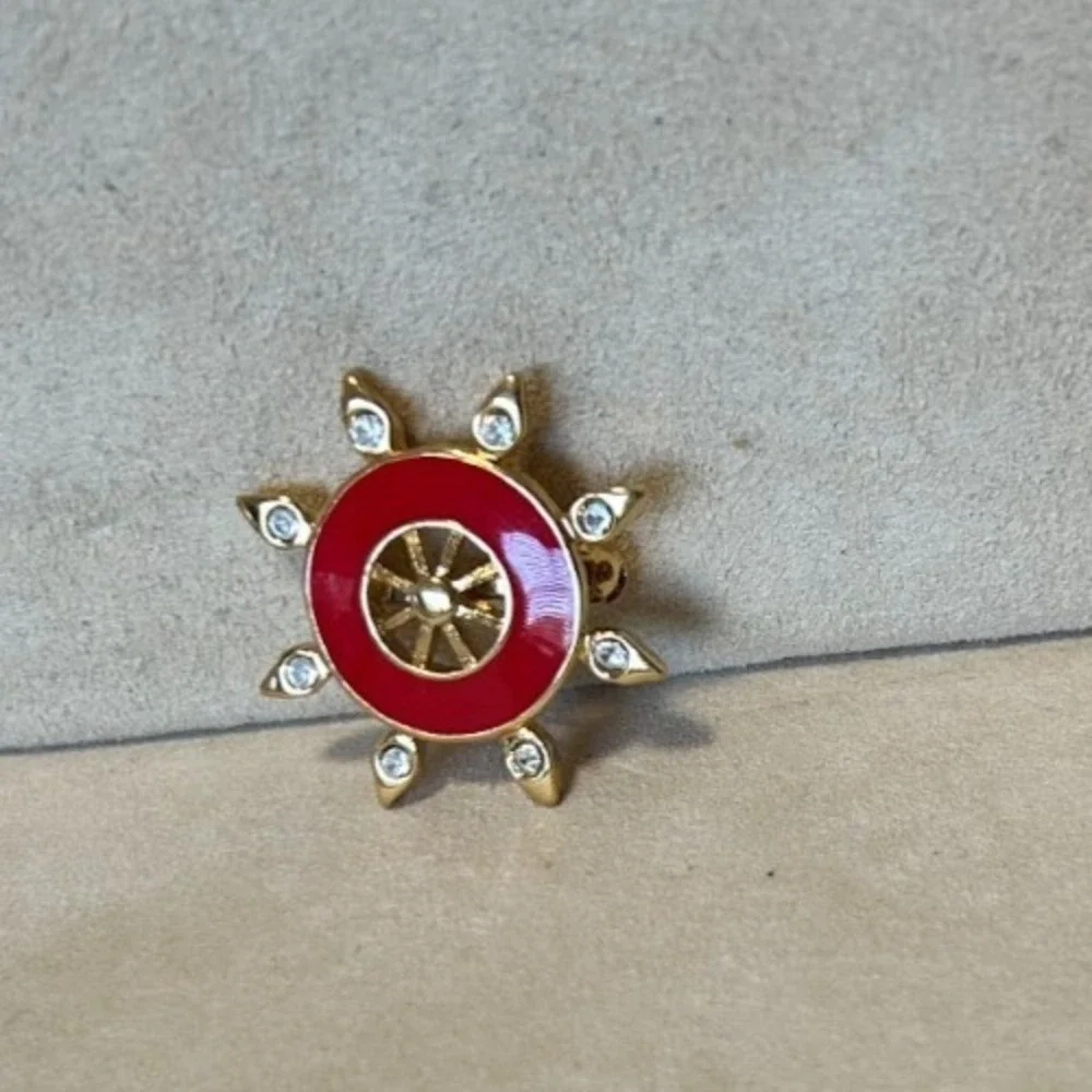 Vtg St John Signed Red Enamel Nautical Ships Wheel Brooch Pin Gold Tone Crystal